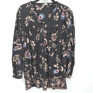 Fat Face Floral Button Front Blouse Womens 10 Black Boho Long Sleeve Top Casual